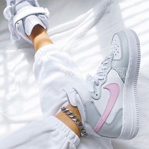 Nike custom air force 1 mid light grey baby pink